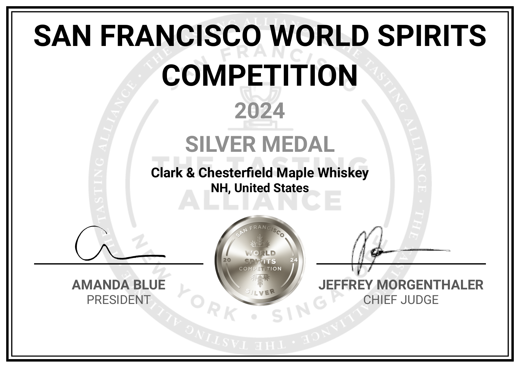 Clark & Chesterfield Maple Whiskey — SFWSC 2024 Silver Medal